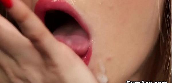  Naughty peach gets sperm load on her face eating all the load
